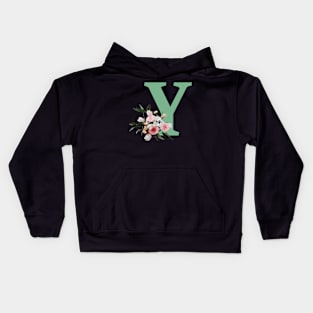 Letter Y green with colorful flowers Kids Hoodie